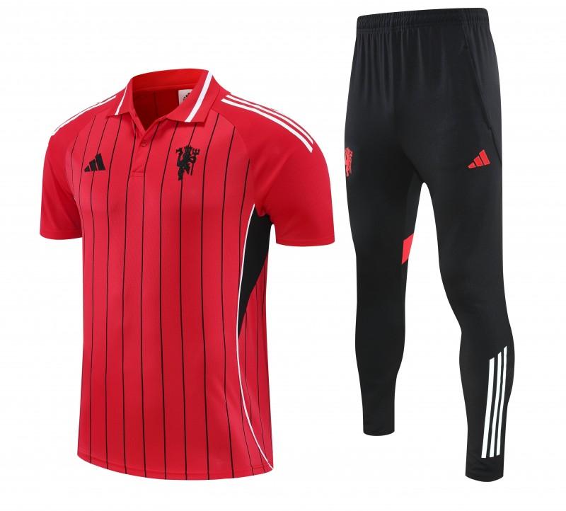 26/27 Manchester United Red Stripes Polo Training Shirt + Long Pants Tracksuit