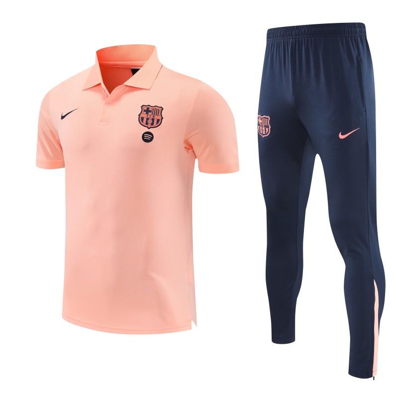 26/27 Barcelona Salmon Pink Polo Training Shirt + Navy Blue Long Pants Tracksuit