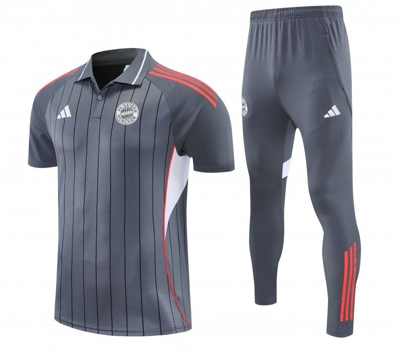 26/27 Bayern Munich Grey Stripes Polo Training Shirt + Long Pants Tracksuit