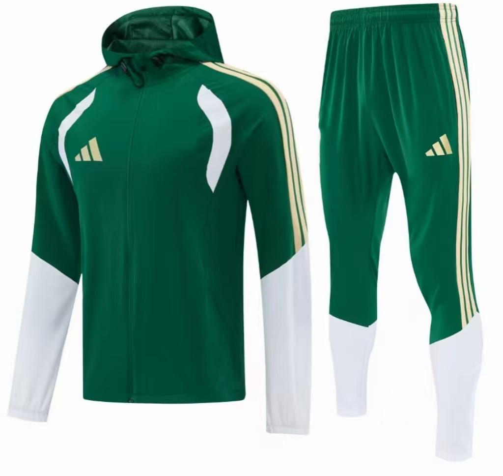 26/27 Adidas Navy Green &White Full Zipper Hooded Windbreaker Jacket Tracksuit + Long Pants