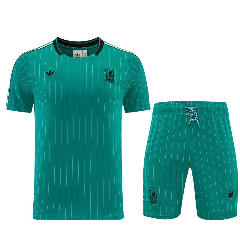 26/27 Liverpool Green Pinstripe Short Sleeve+Soccer Shorts
