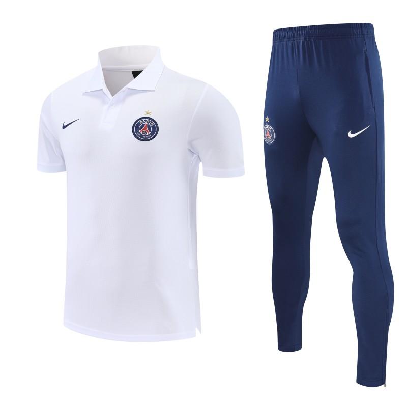 26/27 Paris White Polo Training Shirt +Navy Blue Long Pants Tracksuit