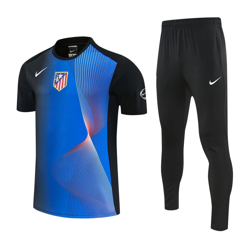 26/27 Atlético de Madrid Black & Blue with Fluid Wave Print Short Sleeve Tracksuit + Black Long Pants