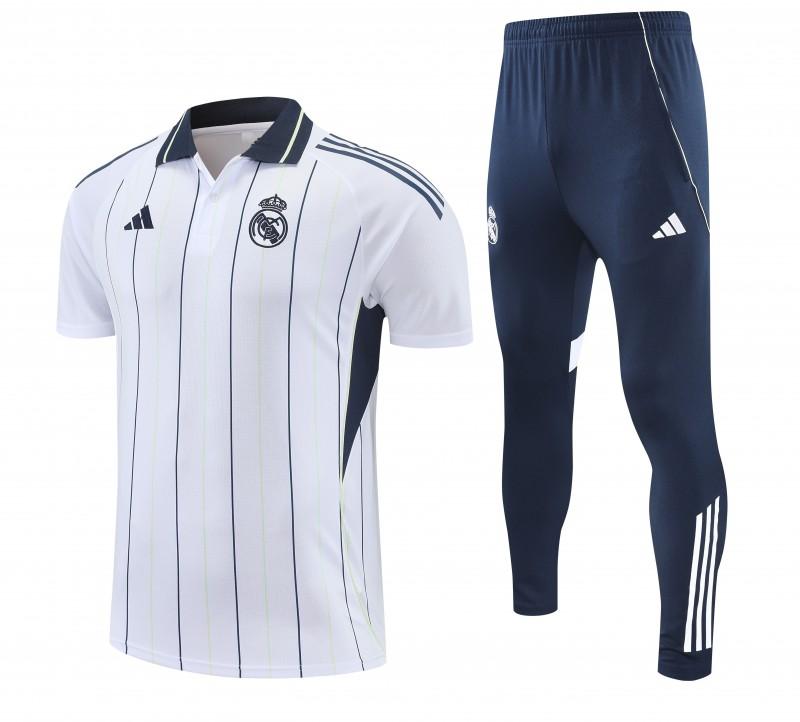26/27 Real Madrid White Stripes Polo Training Shirt + Long Pants Tracksuit