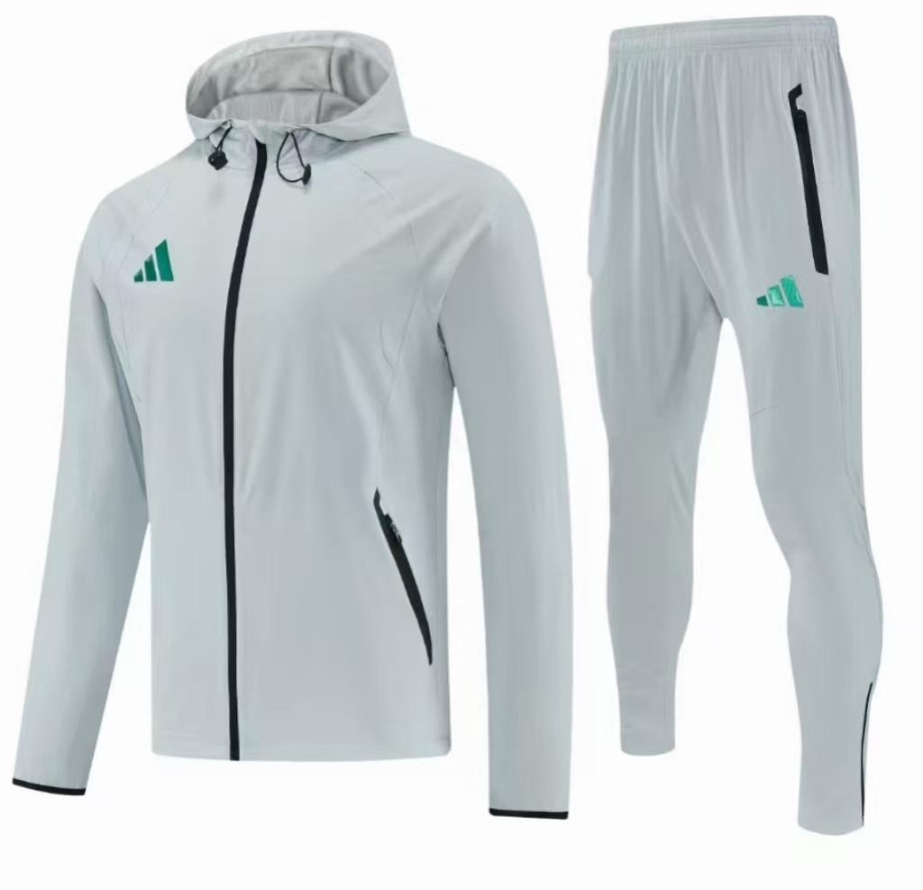 26/27 Adidas Light Grey Full Zipper Hooded Windbreaker Jacket Tracksuit + Long Pants