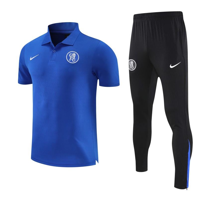 26/27 Chelsea Blue Polo Training Shirt + Black Long Pants Tracksuit