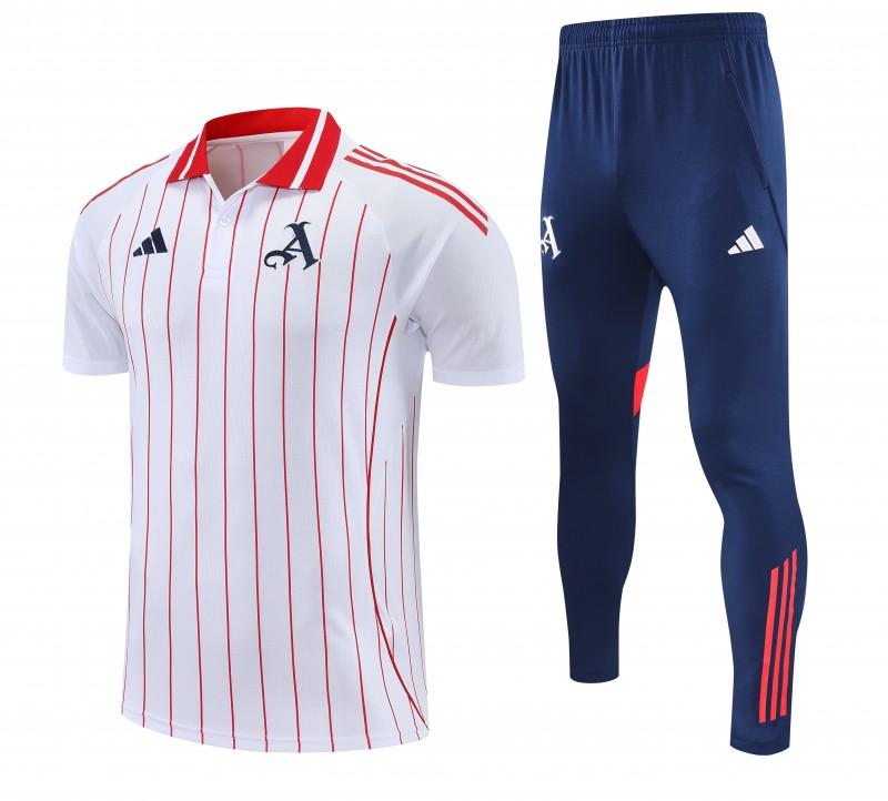 26/27 Arsenal White&Red Stripes Polo Training Shirt + Long Pants Tracksuit