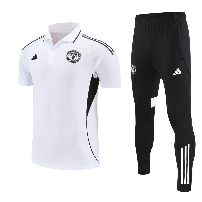 26/27 Manchester United White Polo Training Shirt + Long Pants Tracksuit