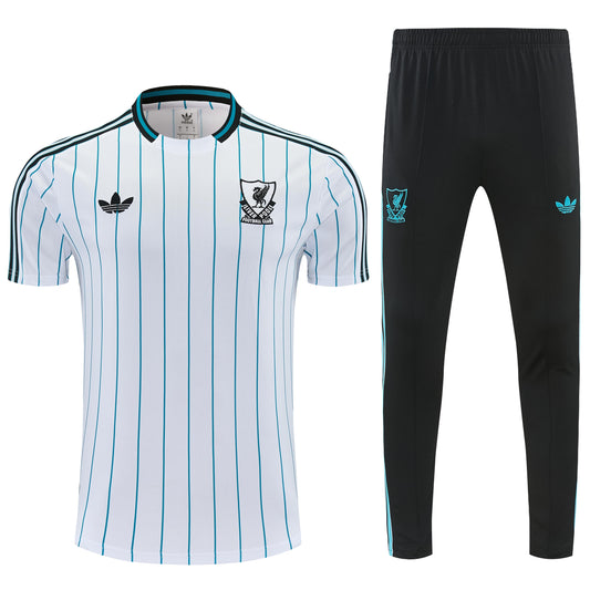 26/27 Liverpool White with Teal Pinstripe Short Sleeve Tracksuit + Long Pants
