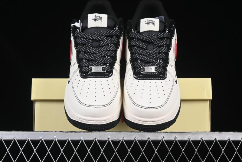 Nike Air Force 1 '07 Low Stussy Collaboration Black Stitch Red Swoosh Casual Sneakers - XS1958-518