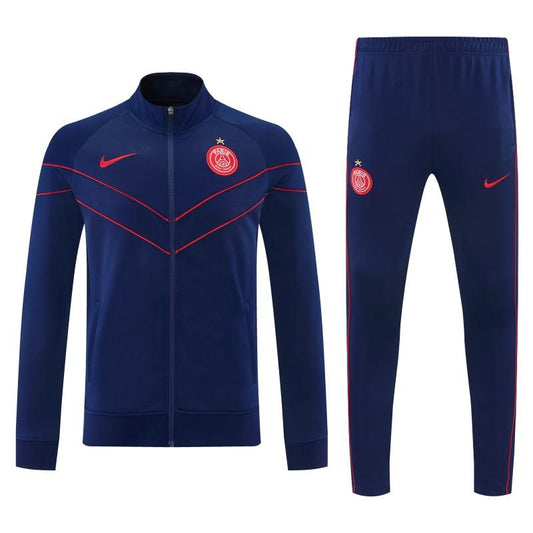 26/27 Paris Saint-Germain Navy Blue with Red Chevron Stripe Full Zipper Jacket Tracksuit + Long Pants (Home)