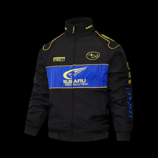 2026 F1 Subaru World Rally Team Black and Blue Racing Jacket with Yellow Trim and Pirelli Logo