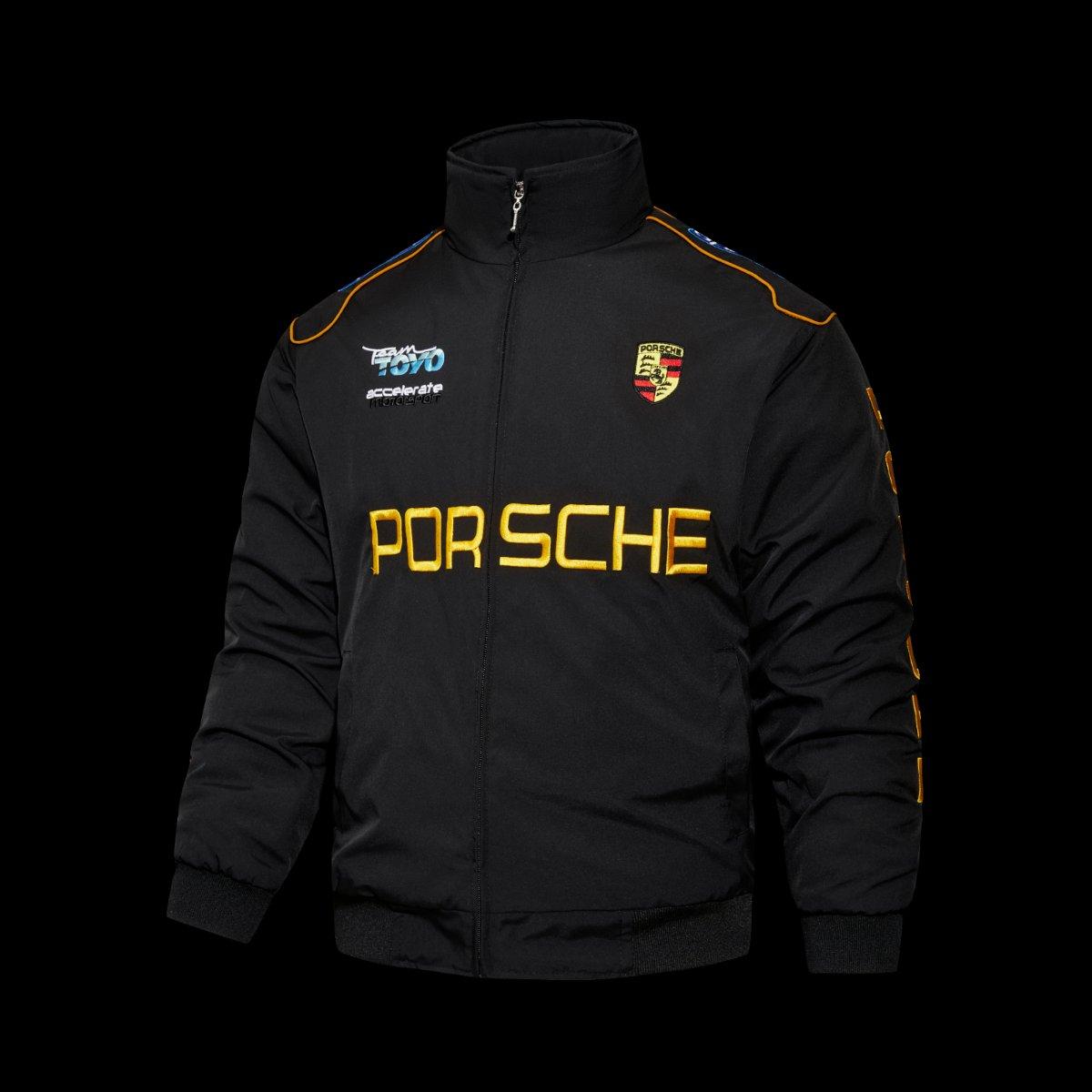2026 F1 Porsche Motorsport Black Racing Jacket with Gold Lettering and Crest Badge