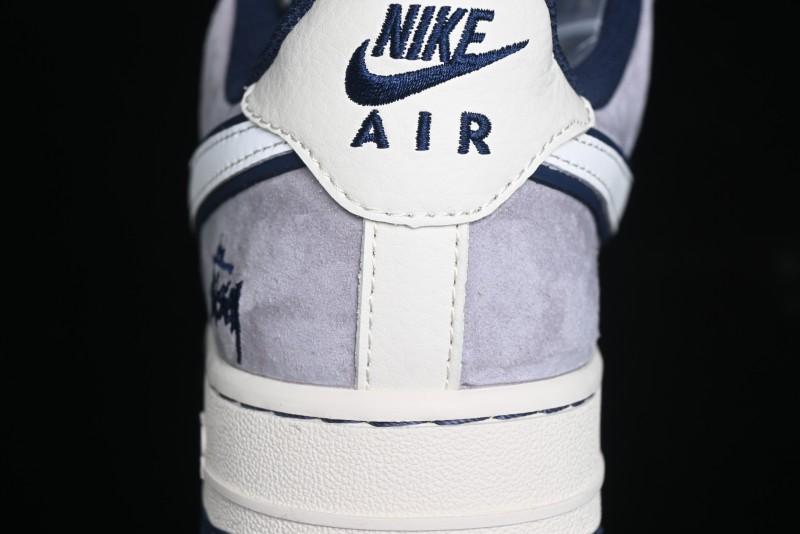 Nike Air Force 1 '07 Low Stussy Collaboration - Grey White with Blue Outsole Low-Top Casual Sneakers - SJ6698-006