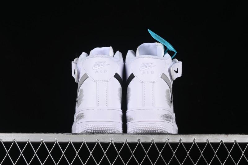 Nike Air Force 1 '07 Mid Casual Sneakers in White/Grey/Black with Hand-Painted Cracked Swoosh Shadow Detail - CW2289-111