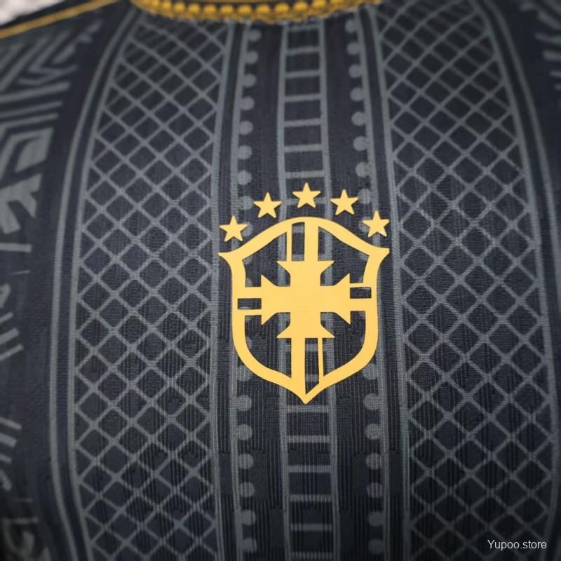 2026 Player Version Brazil Black with Gold Geometric Tribal Pattern Jersey