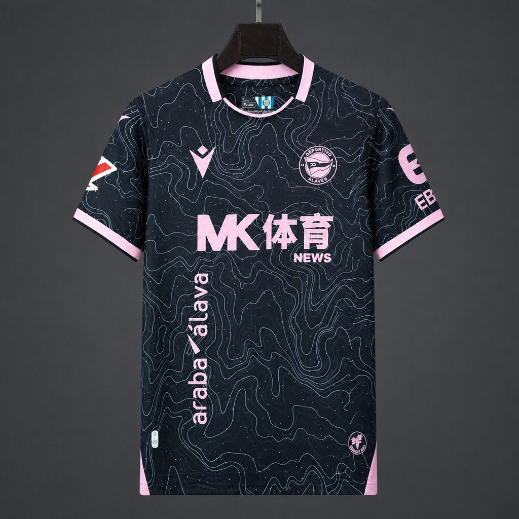 26/27 Deportivo Alavés Black with Pink Topographic Pattern Away Jersey