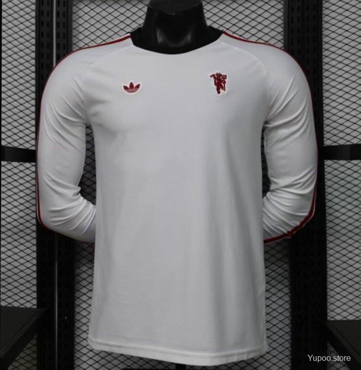 Player Version 2026 Manchester United Away White with  Red Shoulder Stripe Long Sleeve Jersey