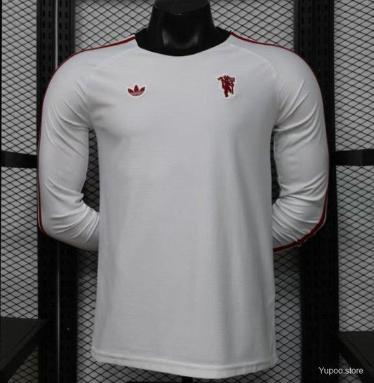 Player Version 2026 Manchester United Away White with  Red Shoulder Stripe Long Sleeve Jersey