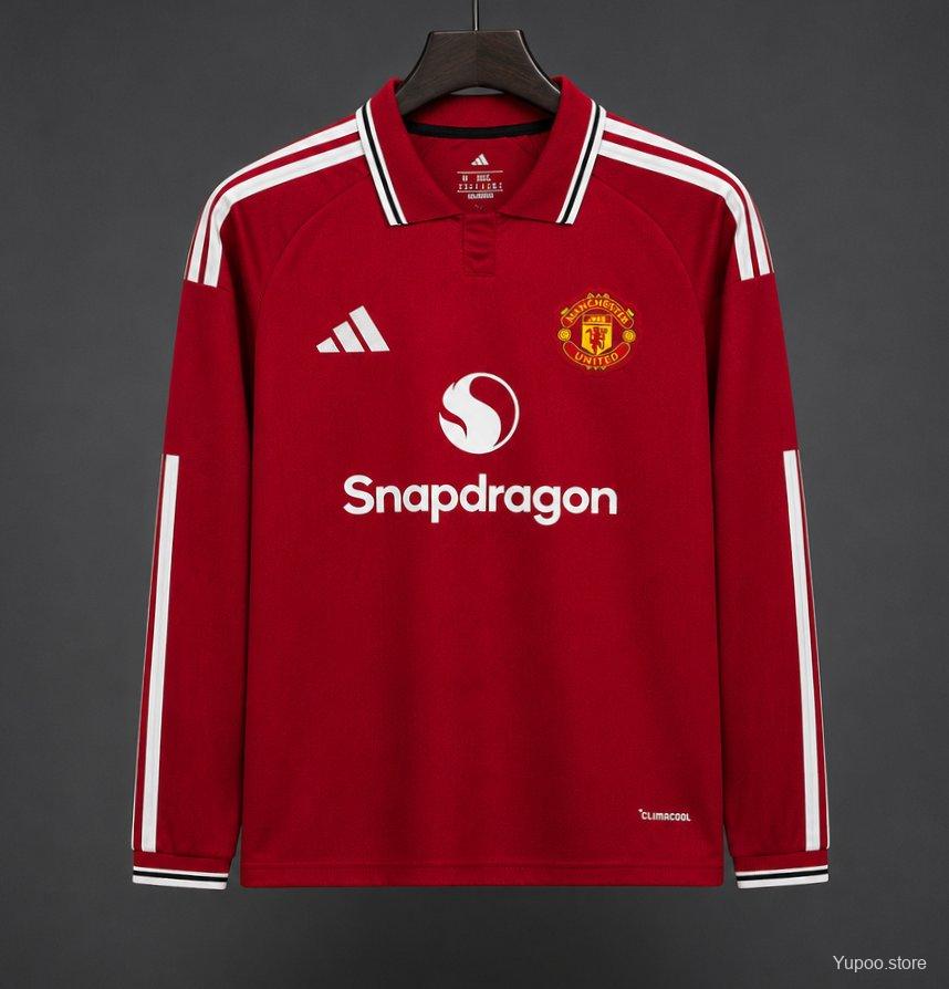 26/27 Manchester United Red with White Stripes Long Sleeve Home Jersey