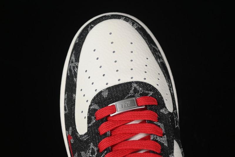 Nike Air Force 1 '07 Low LV Collaboration Black Denim Red Swoosh Casual Sneakers - LW9279-001