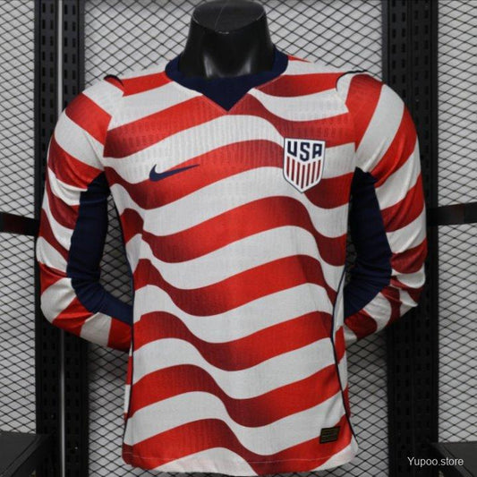 Player Version 2026 USA White & Red with Wave Stripe Long Sleeve Home Jersey