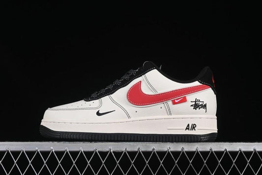 Nike Air Force 1 '07 Low Stussy Collaboration Black Stitch Red Swoosh Casual Sneakers - XS1958-518