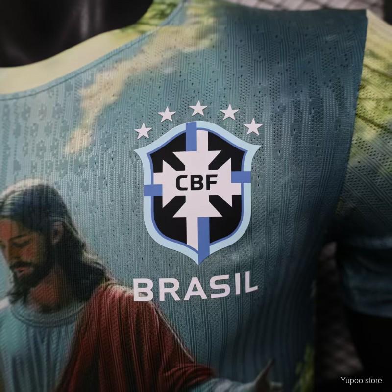 Player Version 2025 Brazil Light Blue with Jesus Christ Religious Artwork Jersey