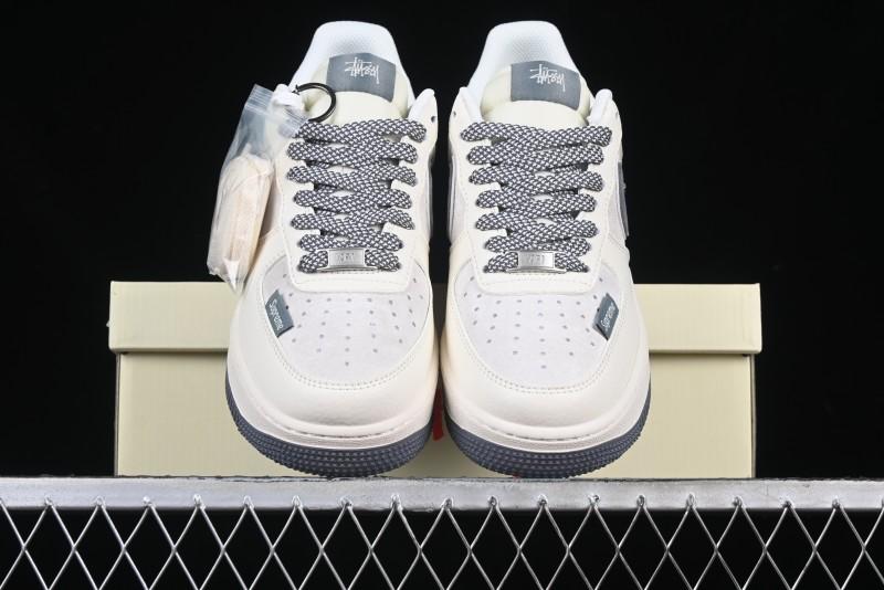 Nike Air Force 1 '07 Low Stussy Collaboration Beige Grey Embroidered Swoosh Low-Top Casual Sneakers - DM6688-003