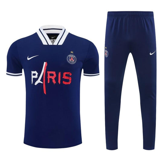 26/27 Paris Saint-Germain Navy Blue with "PARIS" Eiffel Tower Short Sleeve Tracksuit + Long Pants
