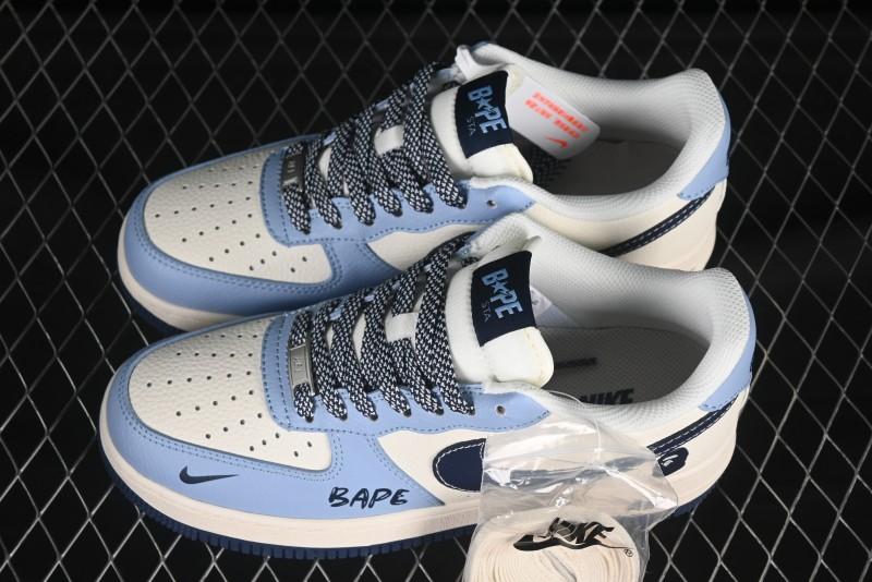 Nike Air Force 1 '07 Low Bape Collaboration Light Blue Swoosh Casual Sneakers - XS1958-554