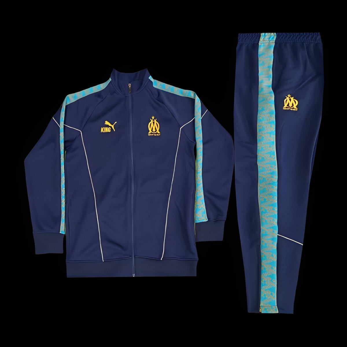 25/26 Olympique Marseille Navy Blue with Sky Blue Stripes Full Zipper Jacket Tracksuit +Long Pants
