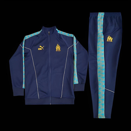 25/26 Olympique Marseille Navy Blue with Sky Blue Stripes Full Zipper Jacket Tracksuit +Long Pants