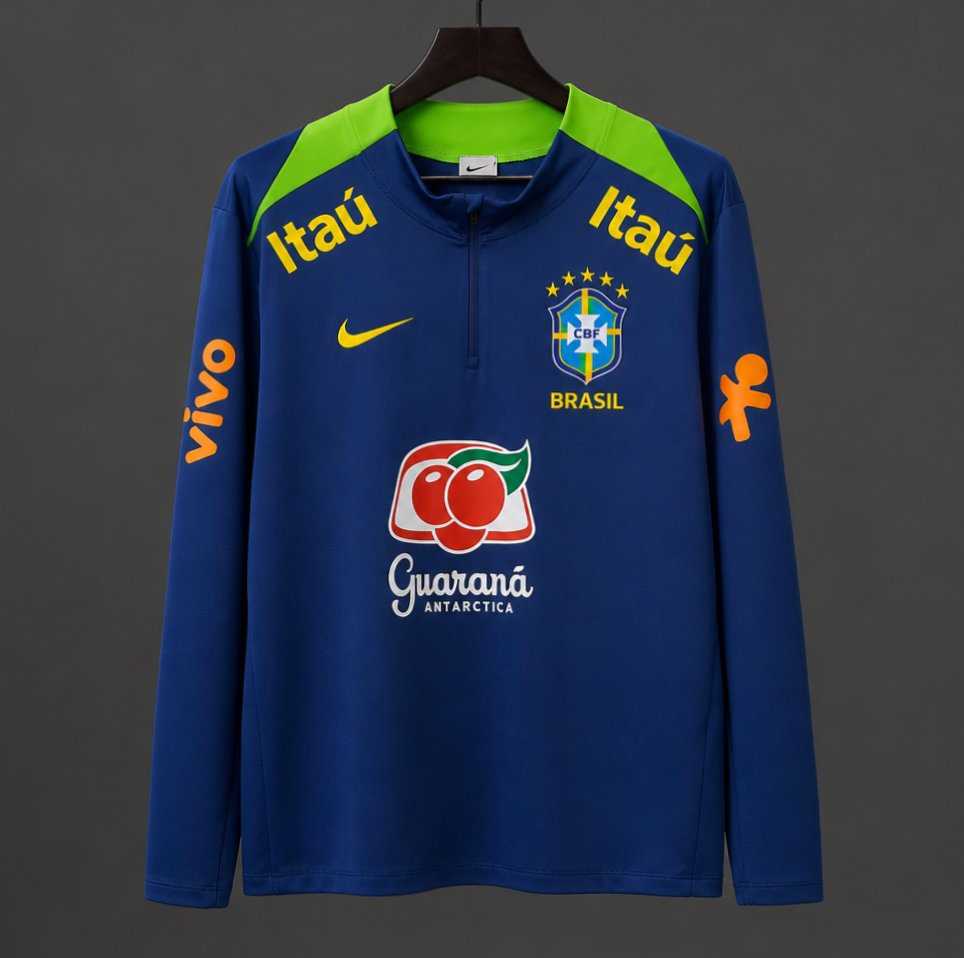 2024 Brazil Navy Blue with Lime Green Long Sleeve Half-Zip Training Top