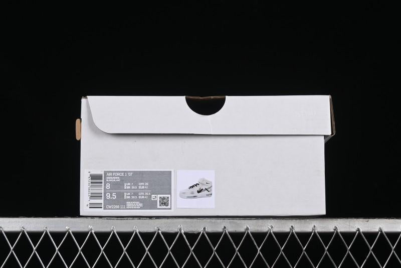 Nike Air Force 1 '07 Mid Casual Sneakers in White/Grey/Black with Hand-Painted Cracked Swoosh Shadow Detail - CW2289-111
