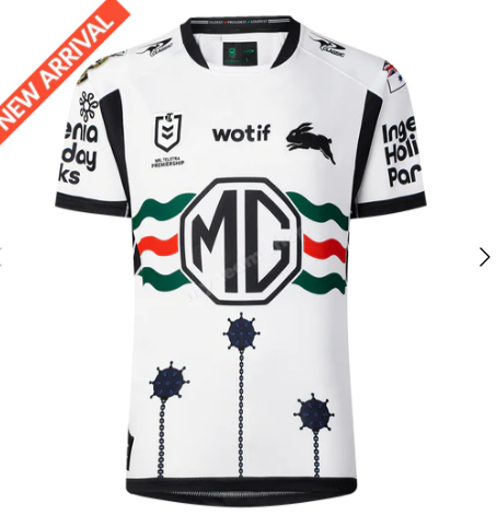 25/26 South Sydney Rabbitohs White with Green Red Stripes and Navy Mace Jersey