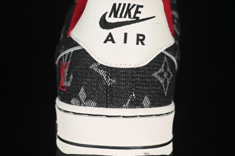 Nike Air Force 1 '07 Low LV Collaboration Black Denim Red Swoosh Casual Sneakers - LW9279-001