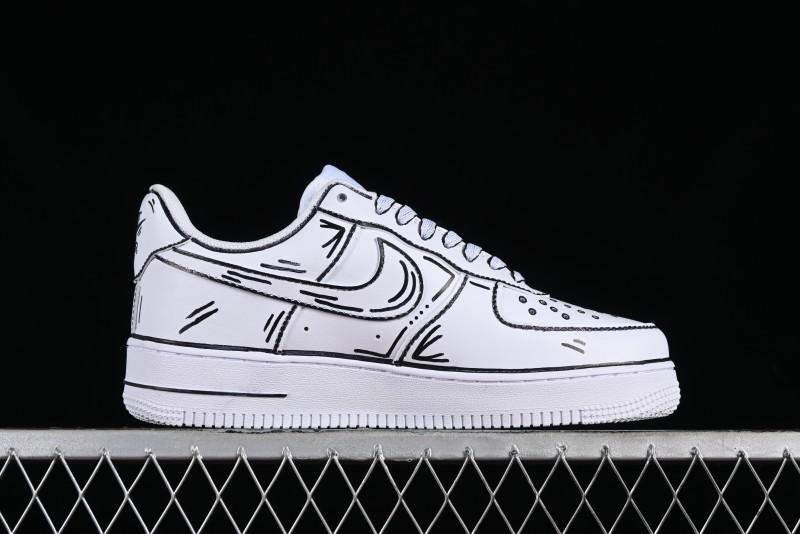 Nike Air Force 1 '07 Low Casual Sneakers with Black and White Hand-Drawn Manga Design - CW2288-811