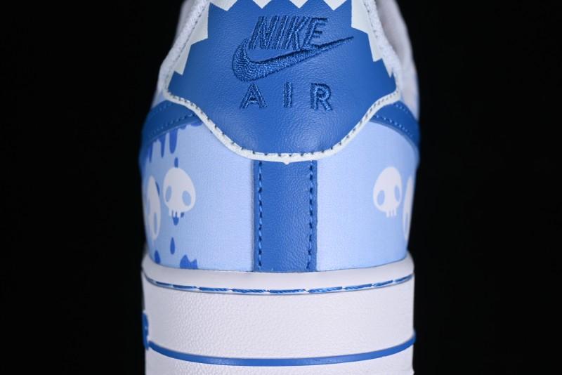 Nike Air Force 1 '07 Low Witch Collaboration Custom Leather Sneakers with Skull Design and Gradient White-Blue - CW2288-111