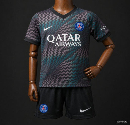26/27 Kids PSG/Paris Saint-Germain Home Goalkeeper Black/Blue Zigzag Pattern Jersey