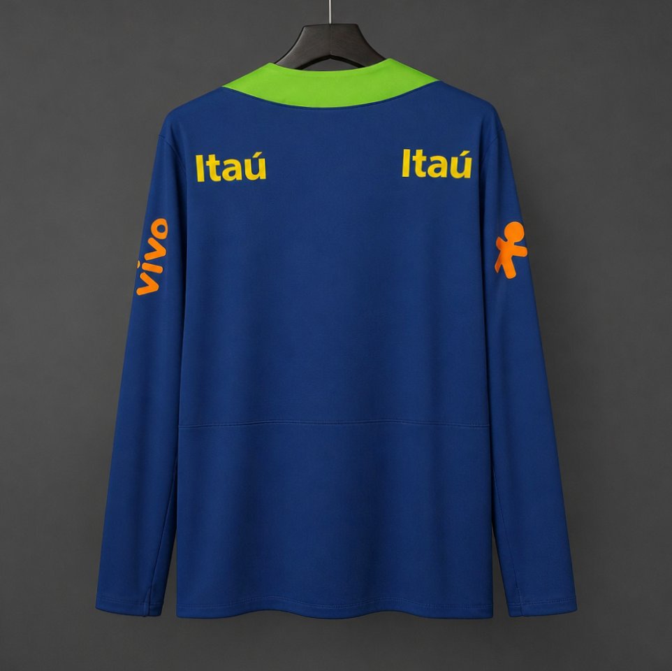 2024 Brazil Navy Blue with Lime Green Long Sleeve Half-Zip Training Top