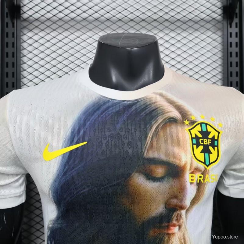 Player Version 2025 Brazil White with Jesus Praying Portrait Jersey