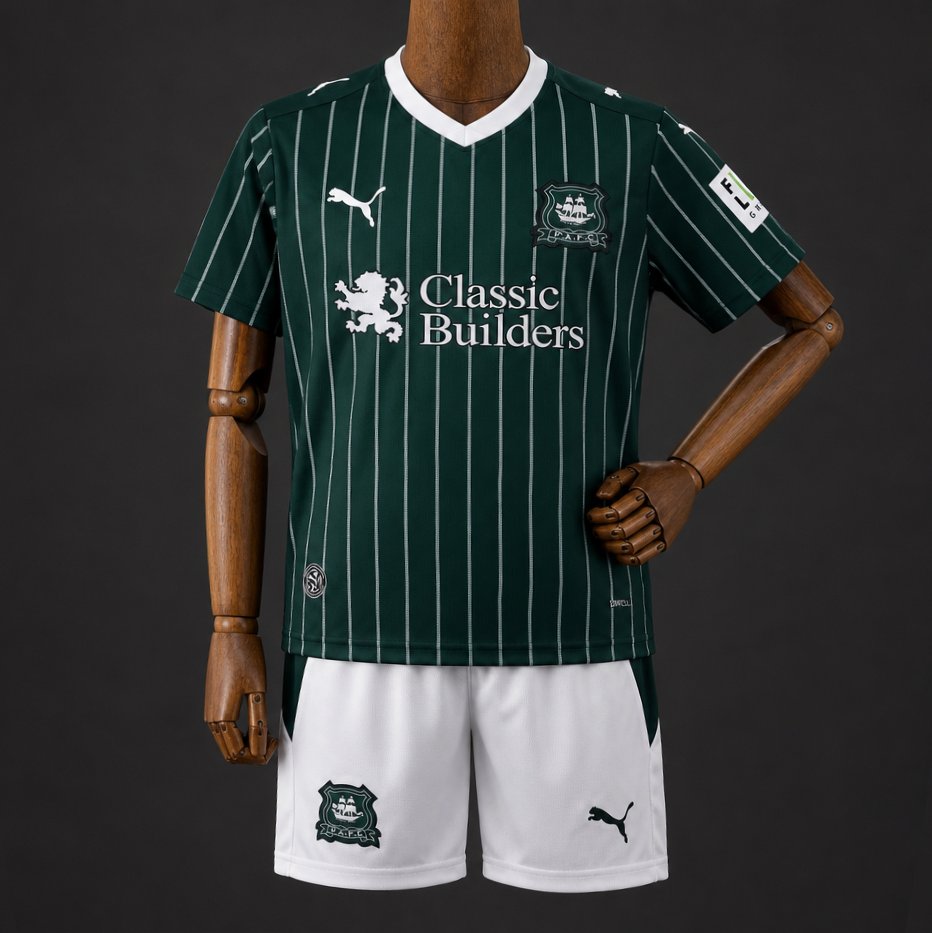 26/27 Kids Plymouth Argyle Green with White Pinstripe Home Jersey Kit