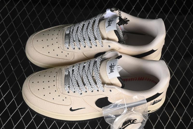 Nike Air Force 1 '07 Low Stussy Collaboration Beige Black Canvas Casual Sneakers - XX3168-155