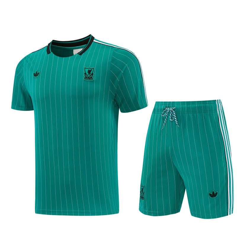 26/27 Liverpool Green Pinstripe Short Sleeve+Soccer Shorts