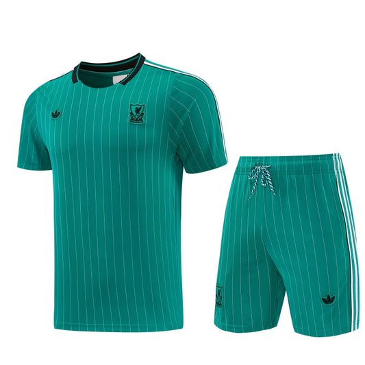 26/27 Liverpool Green Pinstripe Short Sleeve+Soccer Shorts