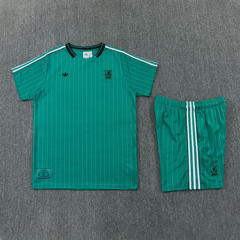 26/27 Liverpool Green Pinstripe Short Sleeve+Soccer Shorts