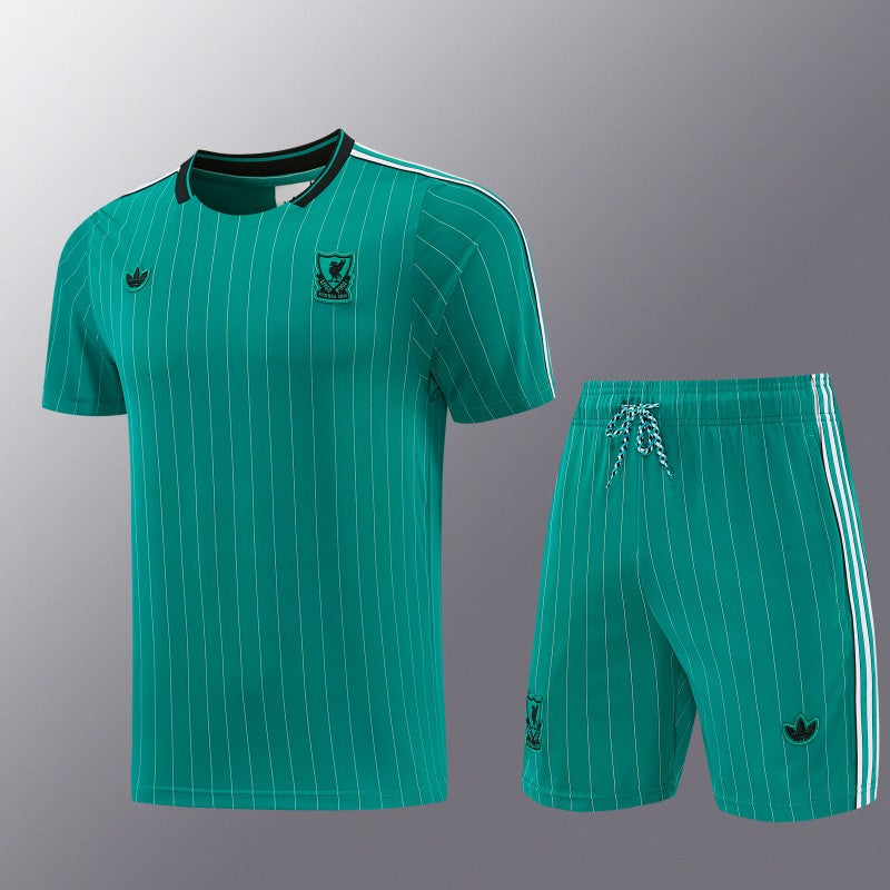 26/27 Liverpool Green Pinstripe Short Sleeve+Soccer Shorts