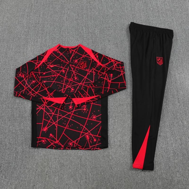 25/26 Atletico Madrid Black with Red Geometric Lines Pattern Half Zipper Jacket Tracksuit +Long Pants
