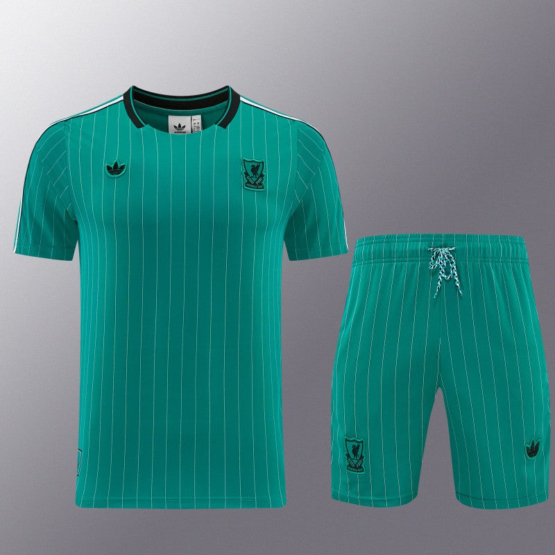 26/27 Liverpool Green Pinstripe Short Sleeve+Soccer Shorts